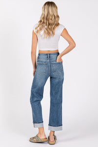 Ella High Rise Relaxed Straight Jeans with Cuffed Hem – Medium Wash