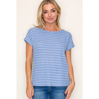 Brielle Boat Neck Thermal Stripe Tee | Casual Blue Striped Shirt