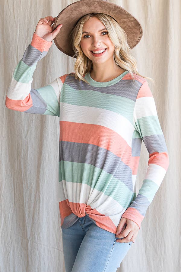 Polly Spring Stripe Ribbed Long Sleeve Casual Top: Coral/Multi