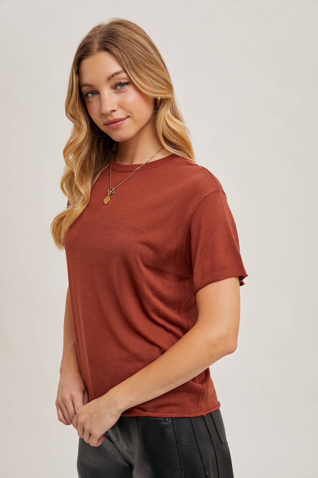 Willow Sheer Knit Crew Neck Tee – Cream & Rust Lightweight Layering Top