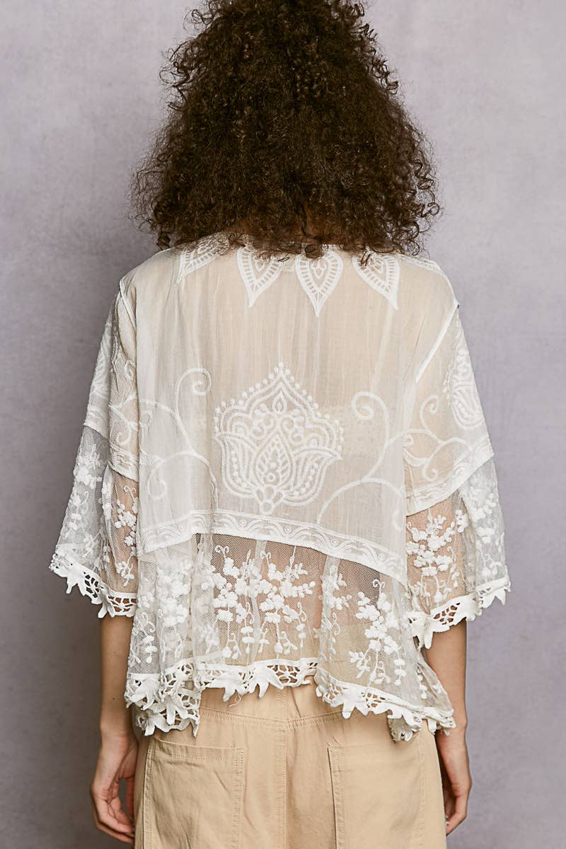1/2 Sleeve Lace Ruffle Trim Opening Solid Crochet Cardigan: NATURAL / Os