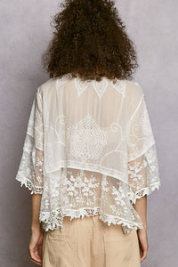 1/2 Sleeve Lace Ruffle Trim Opening Solid Crochet Cardigan: NATURAL / Os