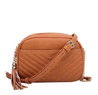 Veronica V-Stitch Tassel Crossbody Bag – Coffee & Stone | Faux Leather Small Purse with Double Zipper Top, Adjustable Strap, Gold Hardware