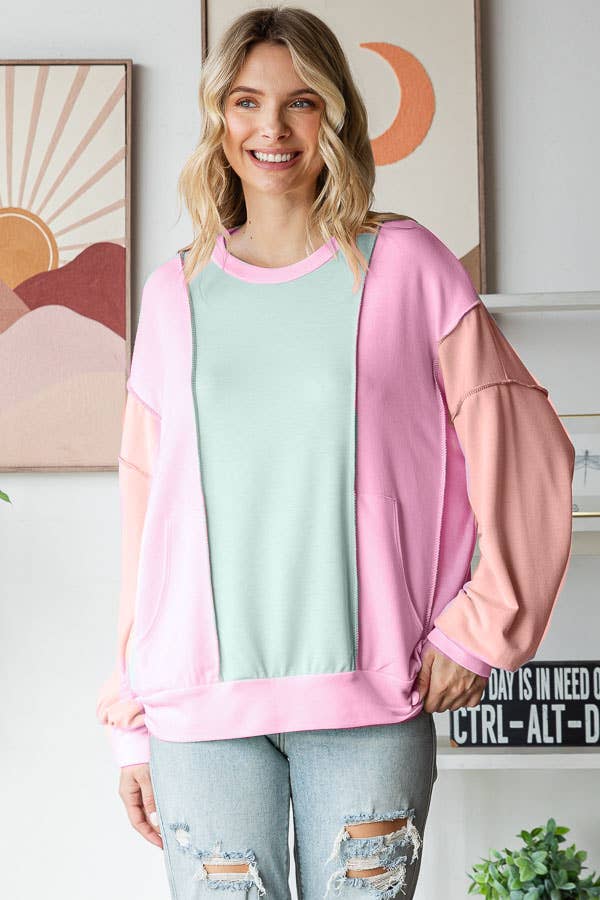 Amiee Sping Colorblock Pullover Crew Neck Long Sleeve Top: Mint