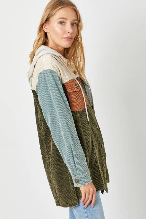 Sadie Color Block Corduroy Hoodie Shacket – Washed Button Down Hi-Low Hem