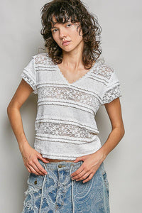 Feminine Lace V Neck Short Sleeve Top Trim Raw Edge: CREAM / S