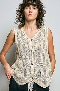 The Rowan Crochet Vest Top – V Neck Button Front Sleeveless Knit Layering Vest