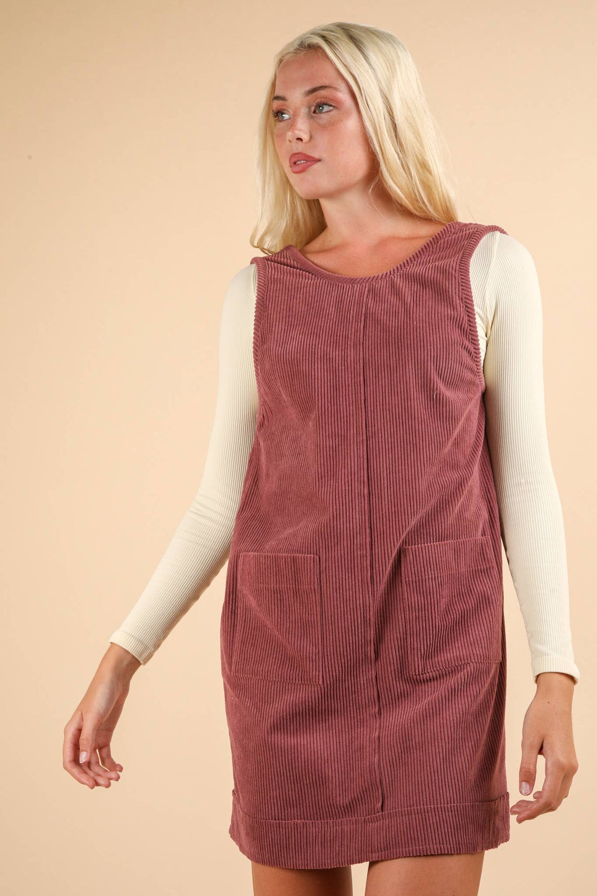 Lydia Corduroy Backless Casual Mini Dress: Mauve