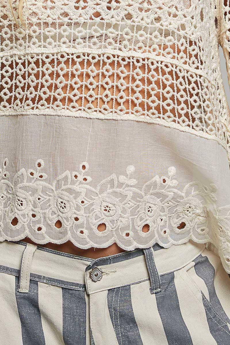 Long Sleeve Round Neck Women Crochet Top: NATURAL / OS