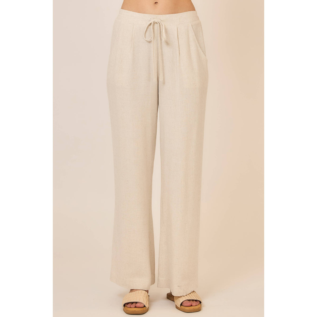 The Brynn Drawstring Linen Blend Pants – Relaxed Wide Leg Pull On Pants: Oatmeal