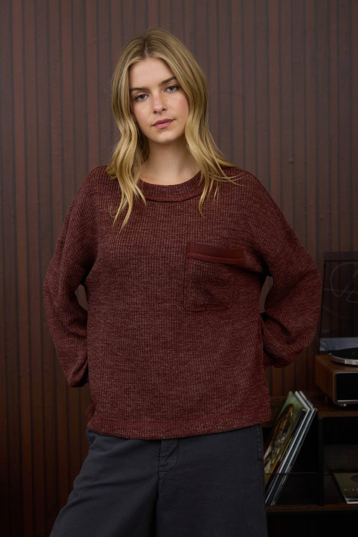 The Ember Ribbed Pocket Knit Top: Wine
