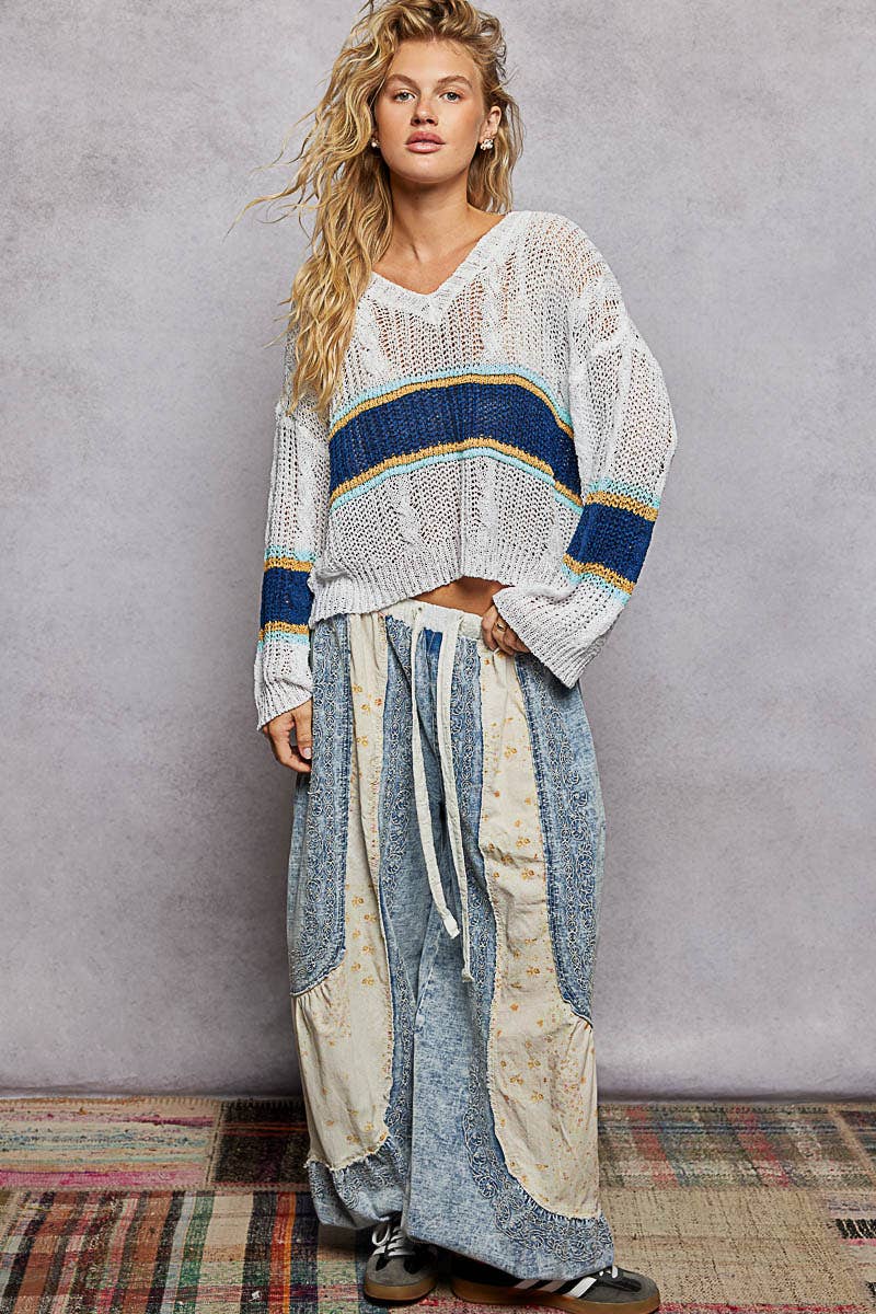 The Rowan Stripe Open Knit Sweater: Off White/  Blue
