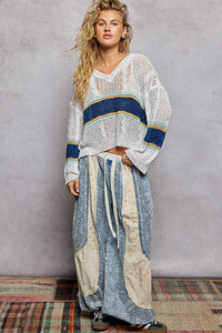 The Rowan Stripe Open Knit Sweater: Off White/  Blue