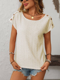 The Emery Eyelet Button Shoulder Top – Cream Textured Boho Tee