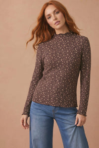 Meadow Mock Neck Floral Ribbed Top: Brown