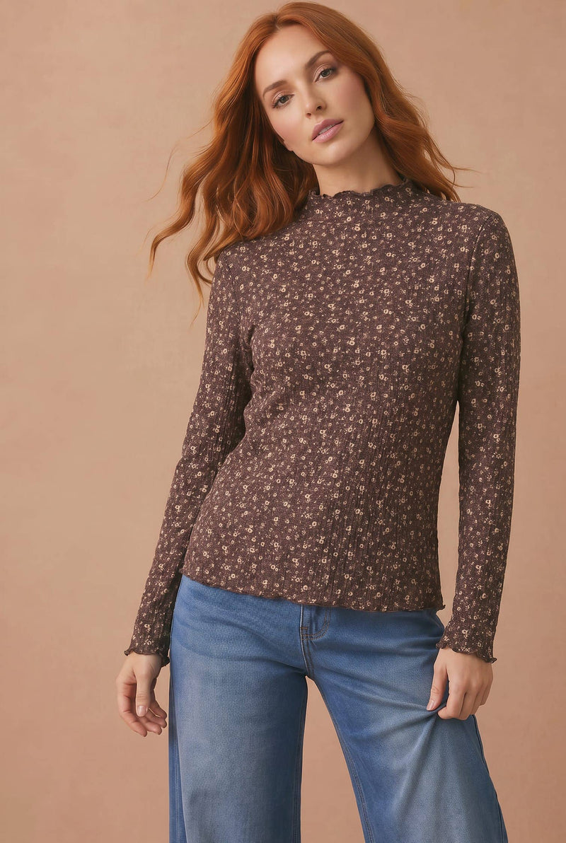 Meadow Mock Neck Floral Ribbed Top: Brown