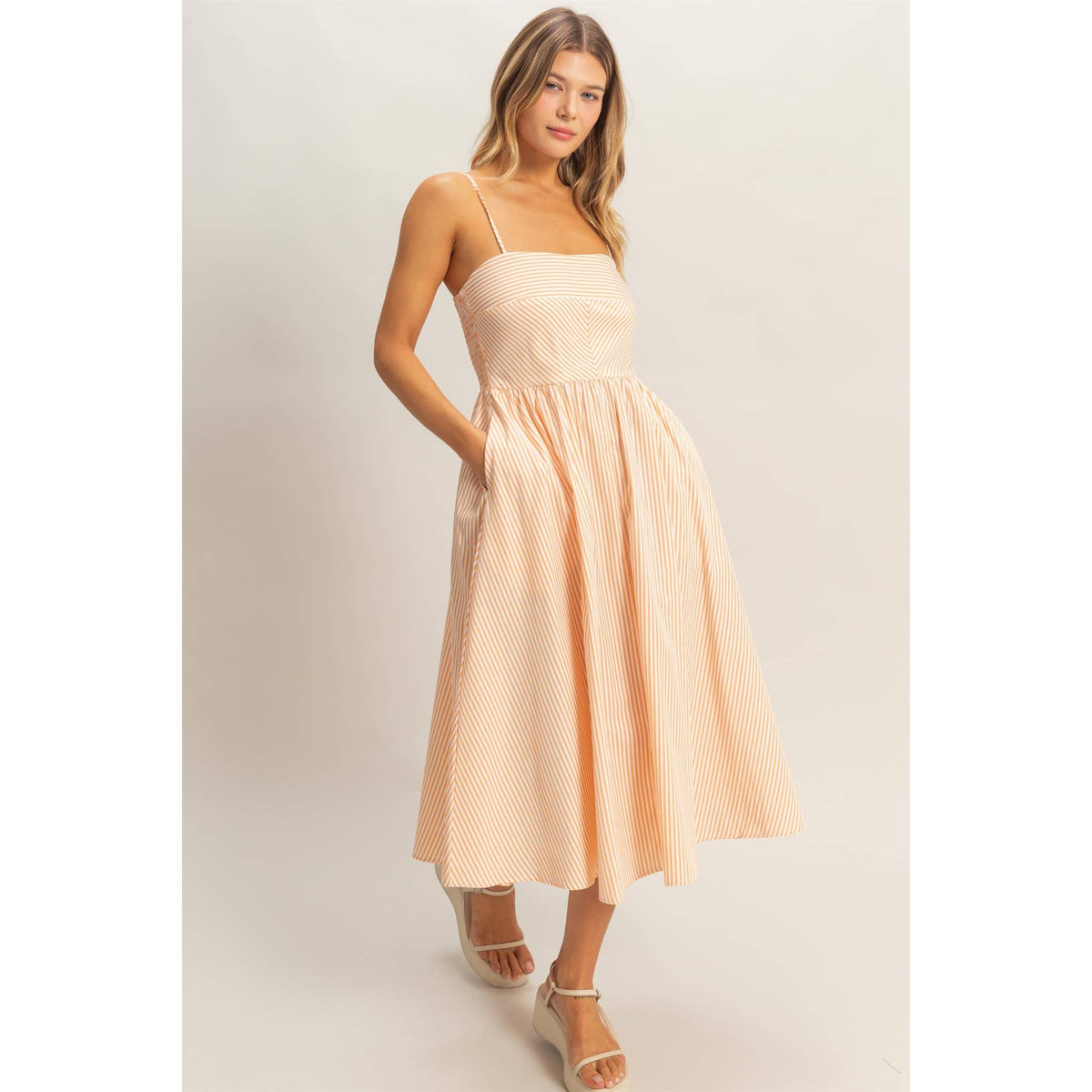 Striped Spaghetti Strap Dress: NAVY / S-M-L(2-2-2)