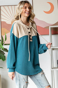 Elena Ribbed Button Front Hoodie – Colorblock Knit Pullover with Bishop Sleeves