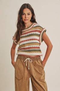 SEASONLESS TRANSITIONAL TEXTURED STRIPE SWEATER VEST: OLIVE MULTI / S