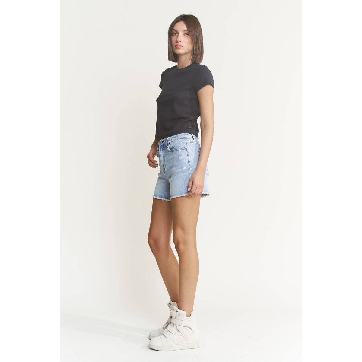 Mica Denim "City Blue" High Rise Denim Shorts: Light Wash- Frayed Hem | Comfort Stretch