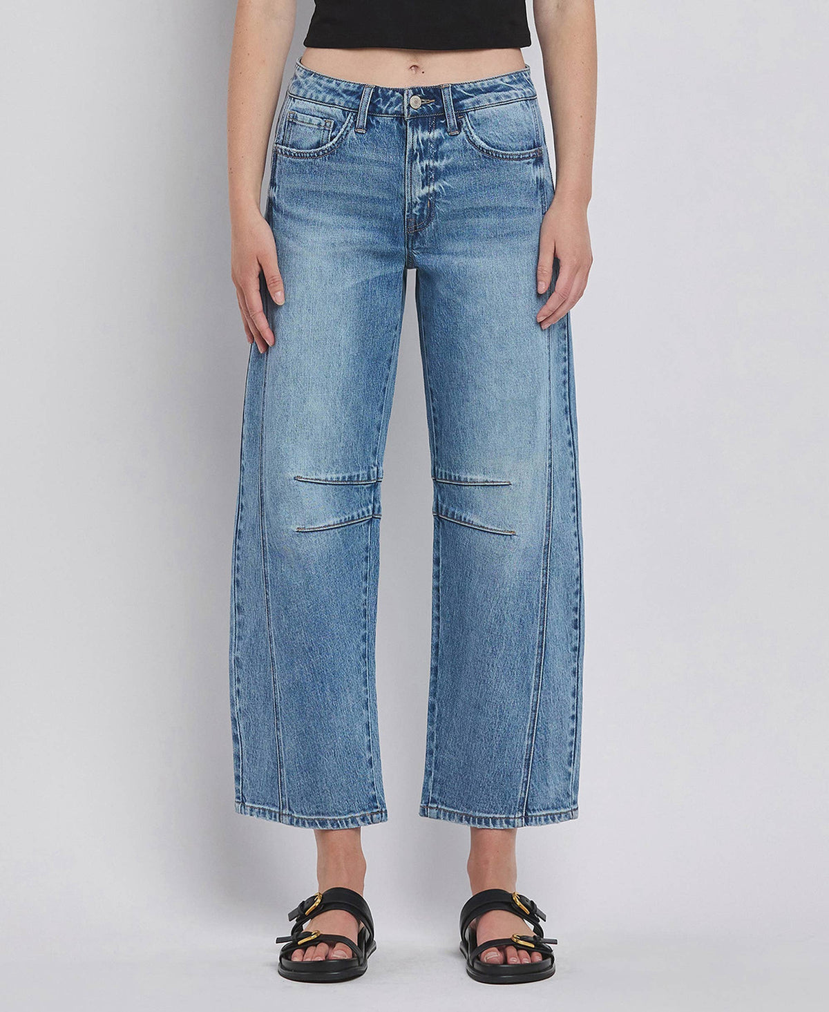 Vervet By FLying Monkey "Katie"  Barrel Leg Jeans – Cropped Seam Detail Denim