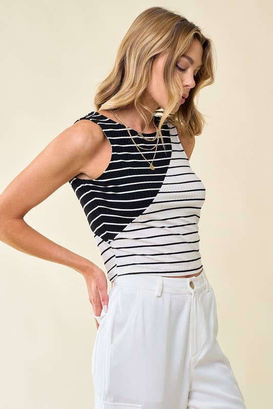 Brett Mixed Stripe Knit Sleeveless Top: White/Black