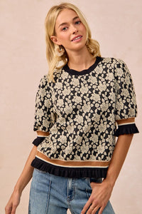 The Colette Textured Rose Knit Top – Midnight Bloom