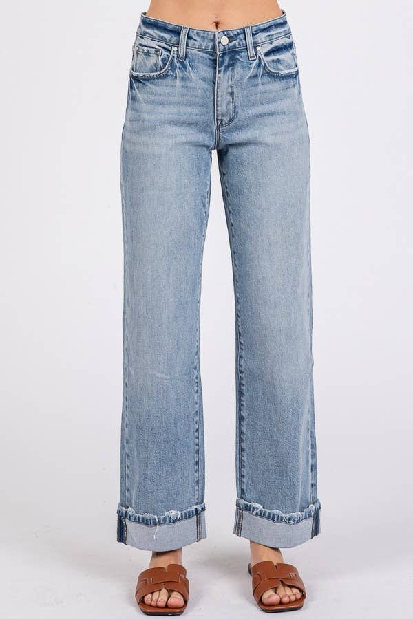 Sawyer Low Rise Baggy Straight Jeans – Light Wash Cuffed Denim with Soft Stretch