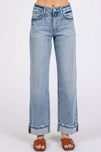 Sawyer Low Rise Baggy Straight Jeans – Light Wash Cuffed Denim with Soft Stretch