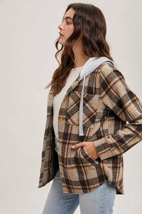 Rowan Hooded Plaid Flannel Shacket – Mocha & Taupe Button-Front Jacket