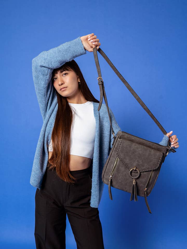 Jen & Co. Layla Faux Suede Whipstitch Crossbody: Brown – Braided Flapover Tassel Bag