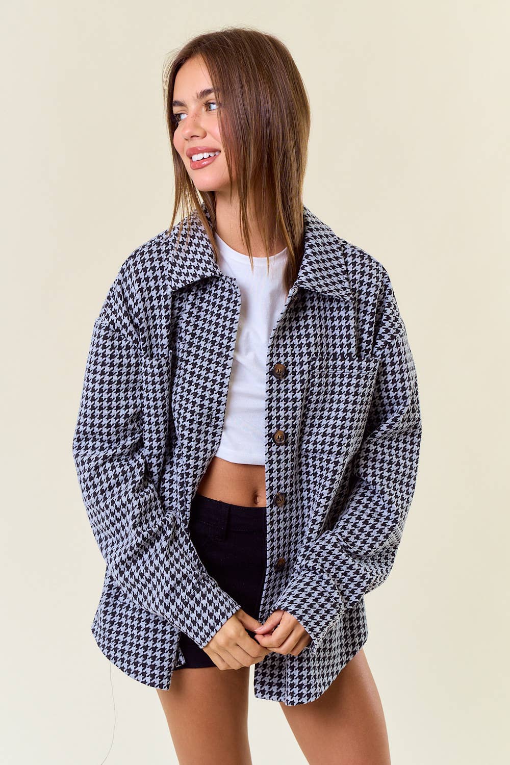 Vivianne Houndstooth Jacquard Knit Button-Down Shaket