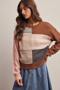 Worth the Mix Colorblock Sweater: Brown/ Multi