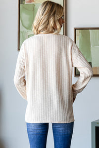 Alissa V Neck Casual Ribbed Long Sleeve Top: Oatmeal