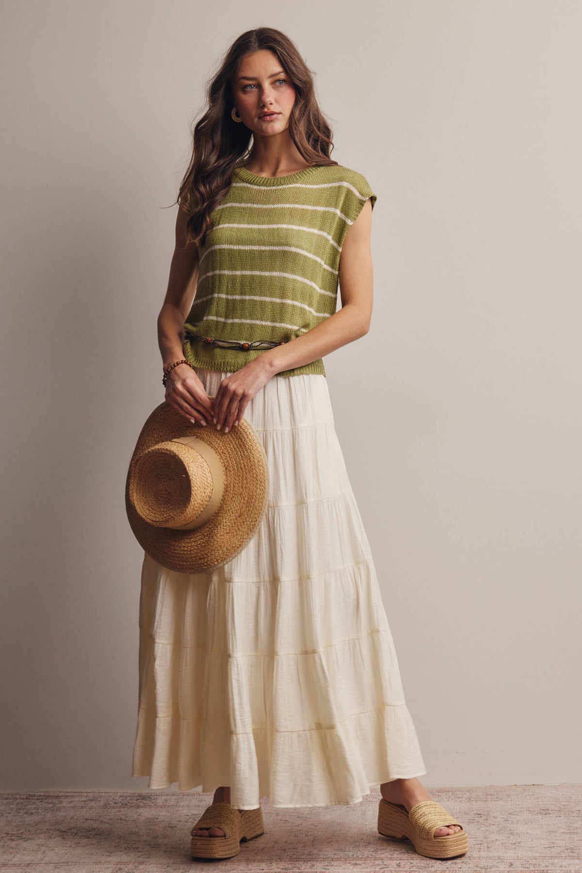 The Harlow Striped Knit Top:Green – Sleeveless Lightweight Sweater Tank