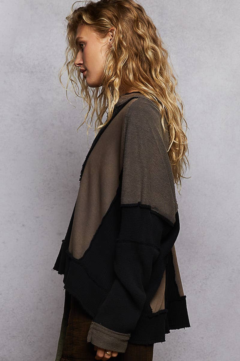Notched Neck Contrast Fabric Basic Long Sleeve Top SALE: GREY MULTI / L
