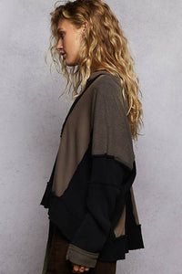Notched Neck Contrast Fabric Basic Long Sleeve Top SALE: GREY MULTI / L