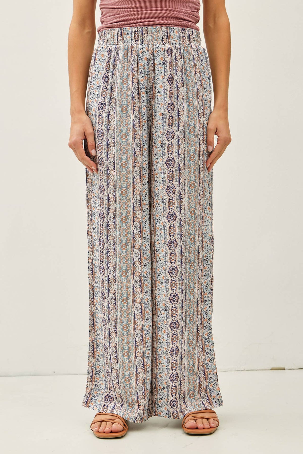The Liora Boho Print Wide Leg Pants – Smocked Waist Breezy Relaxed Fit Pants
