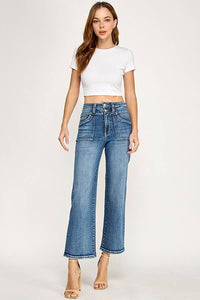 Petra153 "Sutton" Patch Pocket  High Rise Slim Wide Leg Jeans: Medium Wash