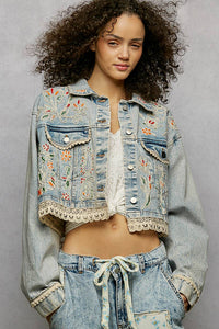 Magnolia Mae Embroidery Lace Trim Denim Jacket