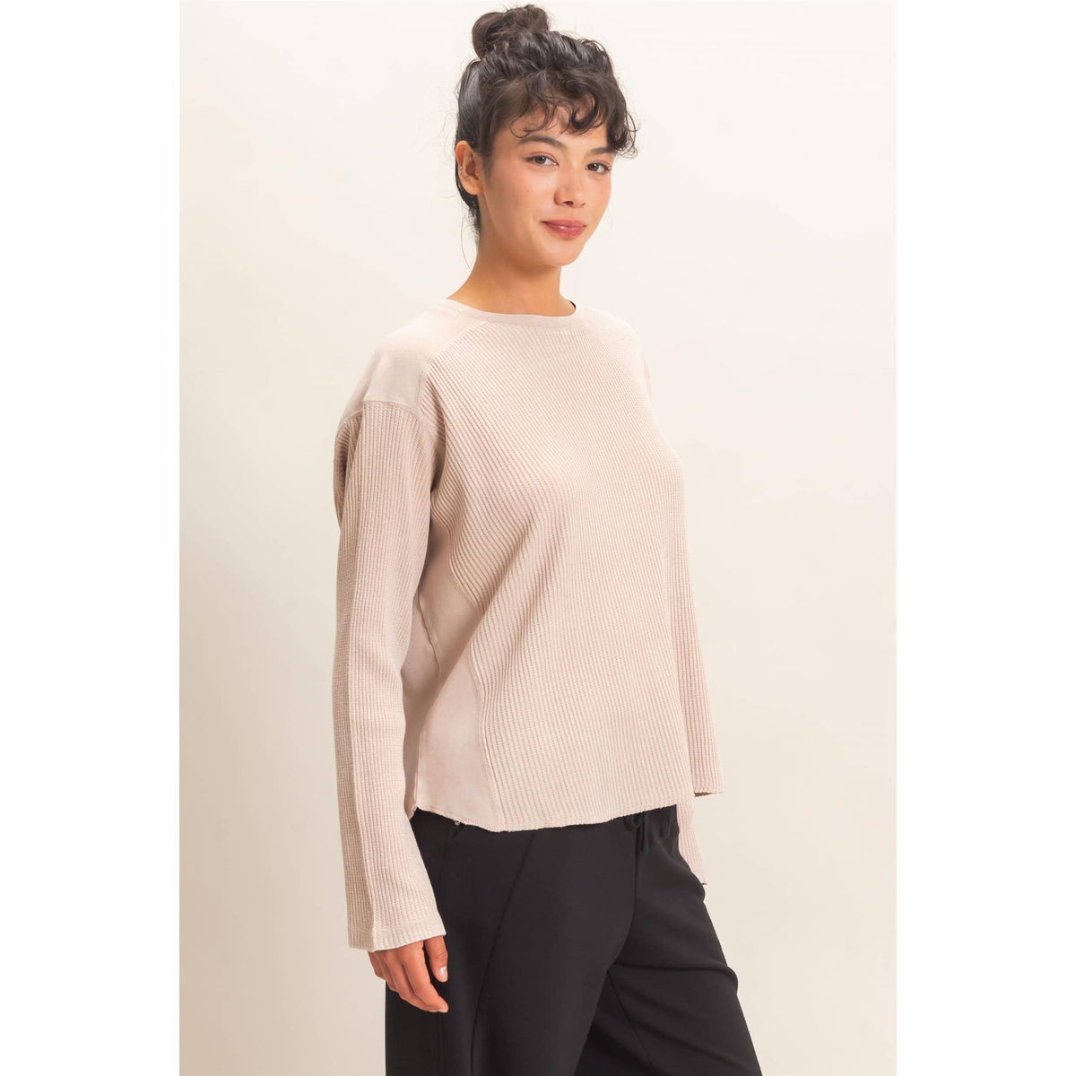 Slow Mornings Waffle Knit Top: Cream Taupe