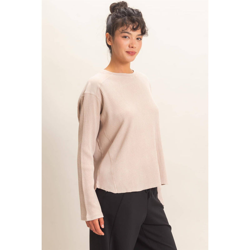 Slow Mornings Waffle Knit Top: Cream Taupe