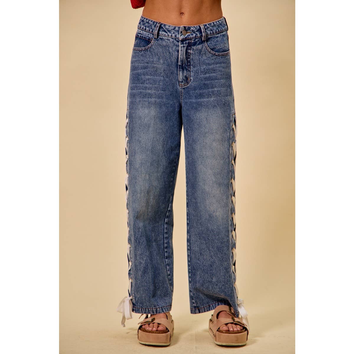The Lacey Mid Rise Lace-Up Straight Leg Jeans: Medium Wash