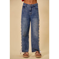 The Lacey Mid Rise Lace-Up Straight Leg Jeans: Medium Wash