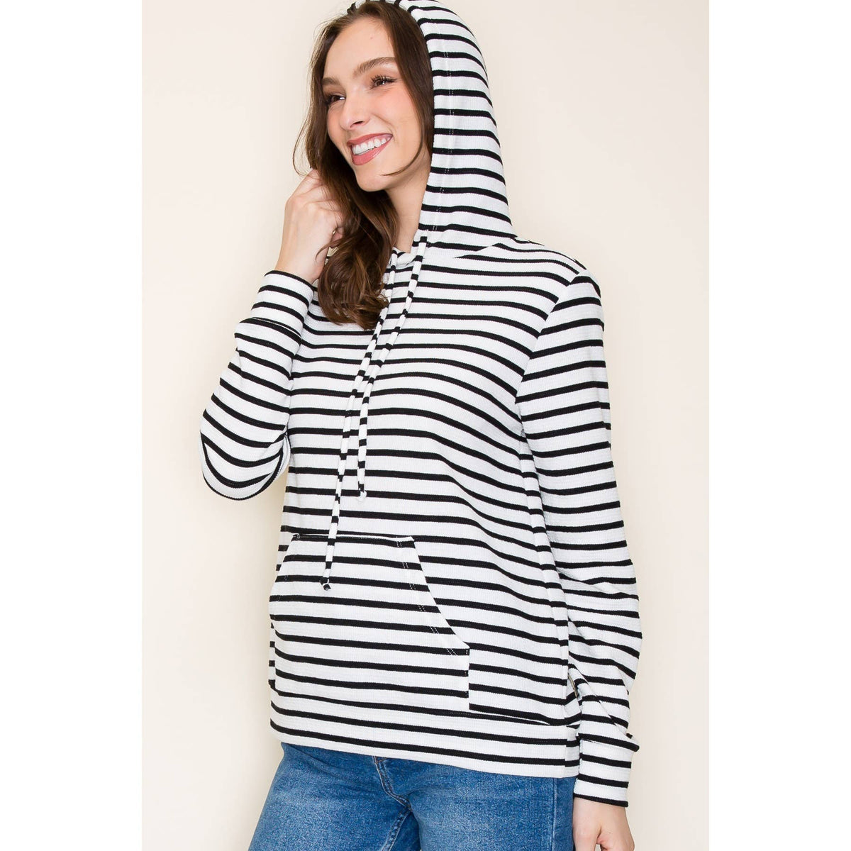 Everyday Essential Striped Long Sleeve Hoodie Top: Black/Ivory