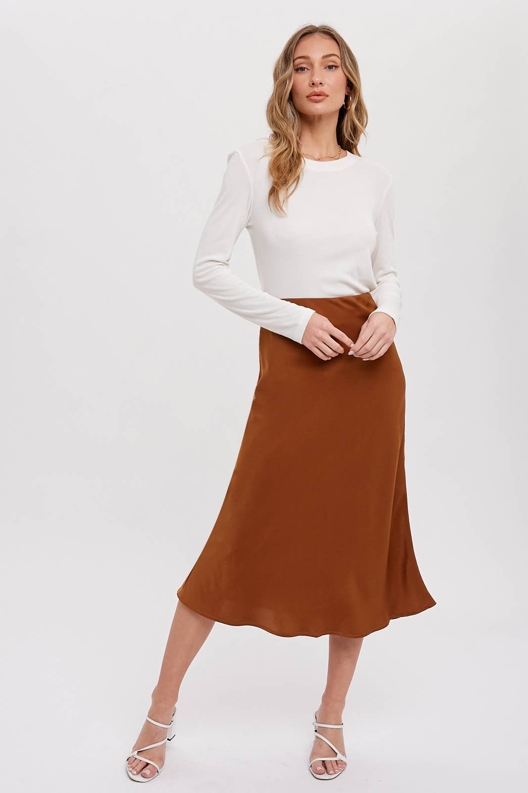 Emmersyn Satin Midi Skirt: Camel