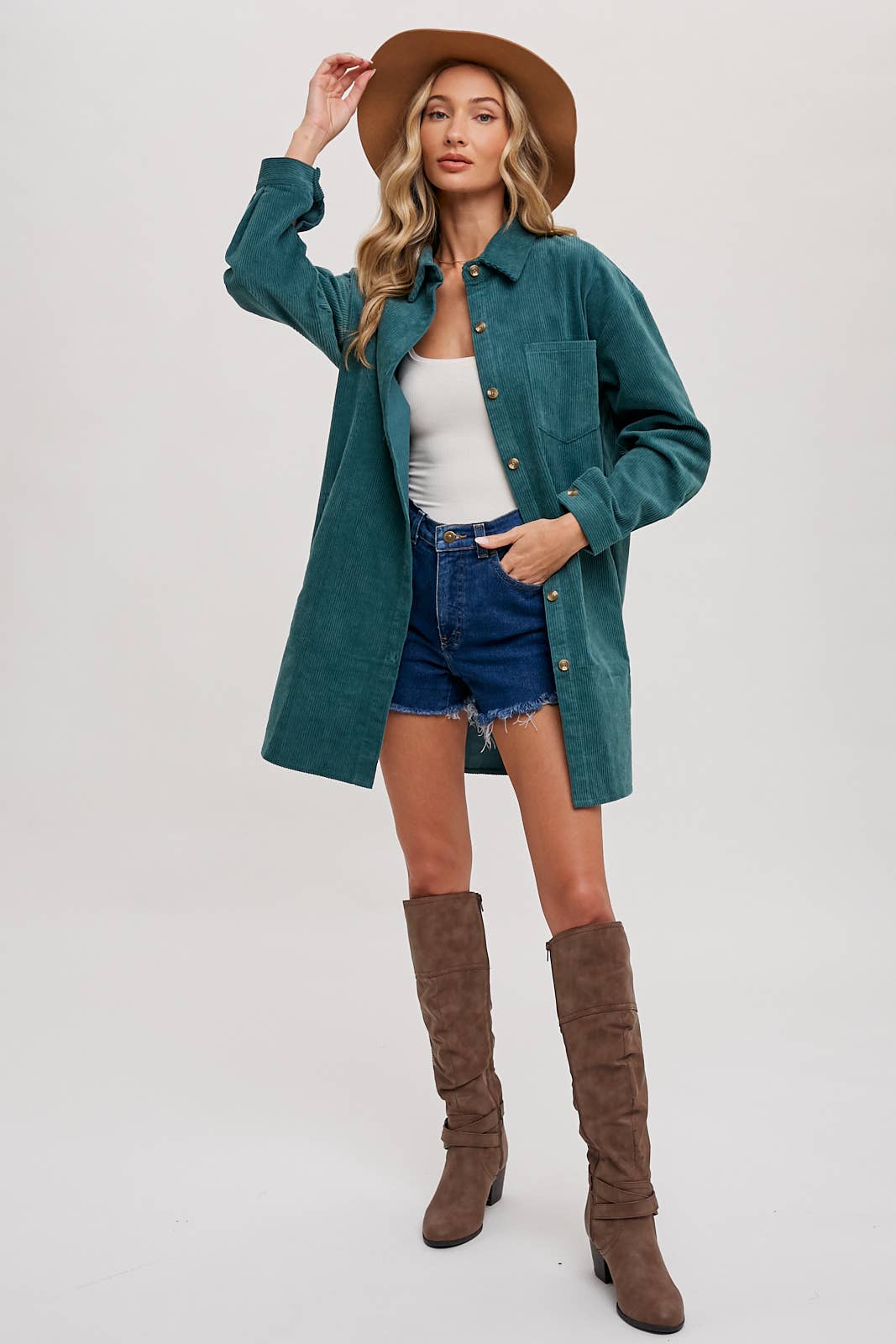 Clara Oversized Corduroy Jacket – Mocha Button-Down Shacket with Pockets