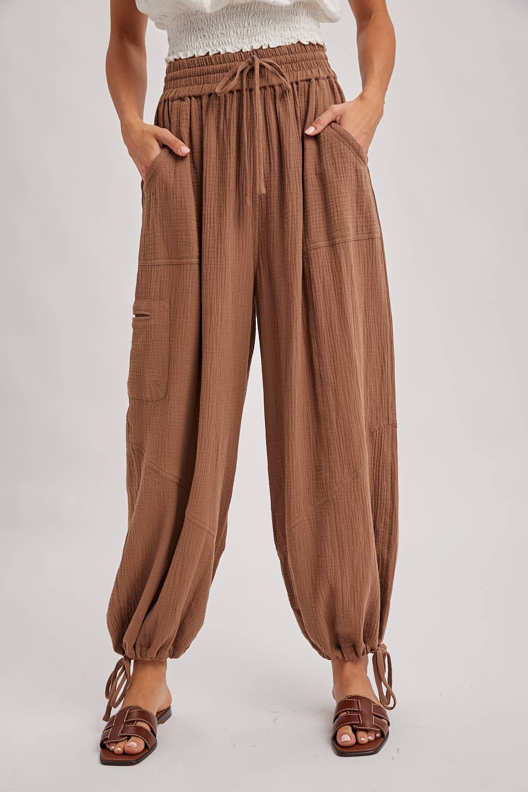 JOGGER HAREM DRAWSTRING PANTS: LATTE / S