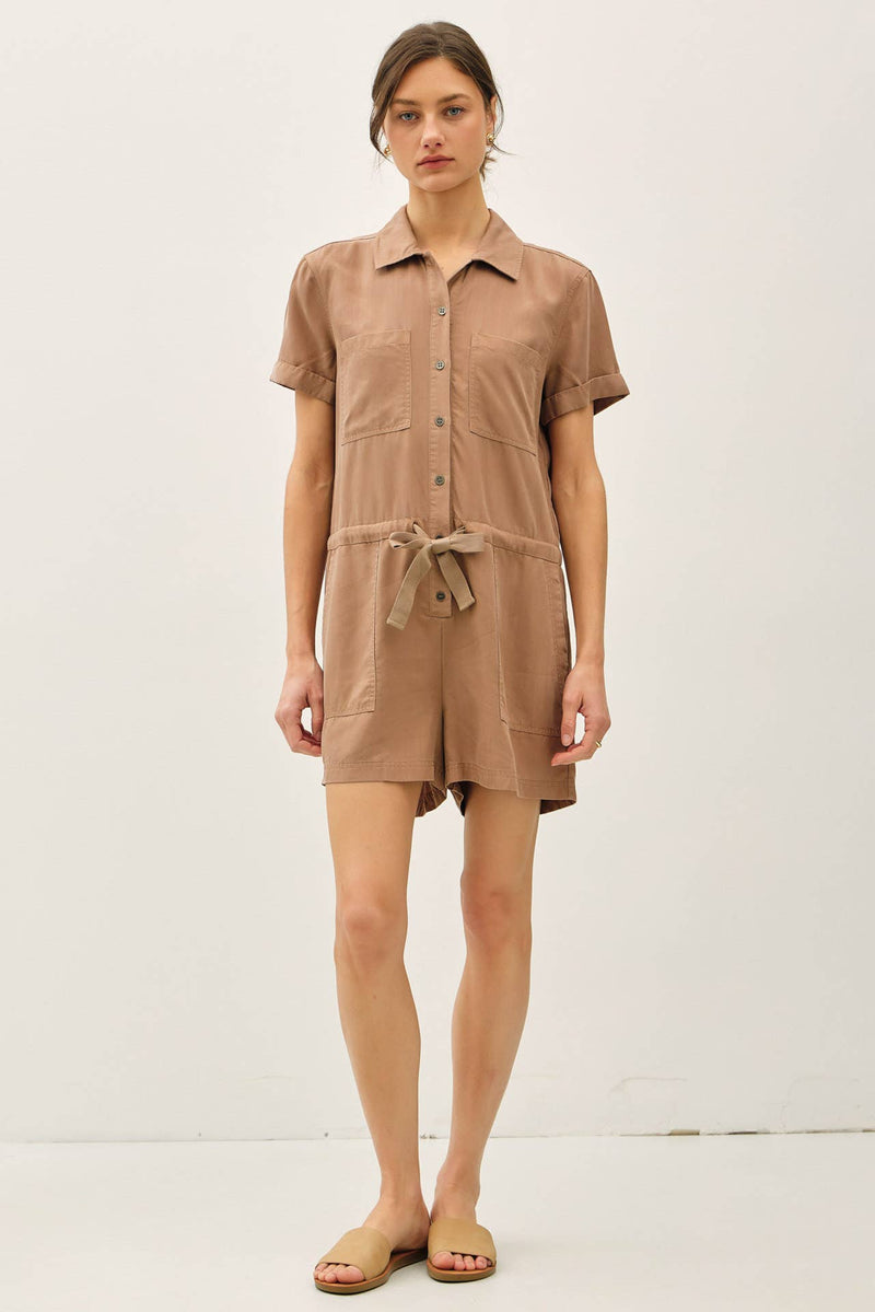 The Harper Button-Up Tencel Romper – Short Sleeve Utility Style