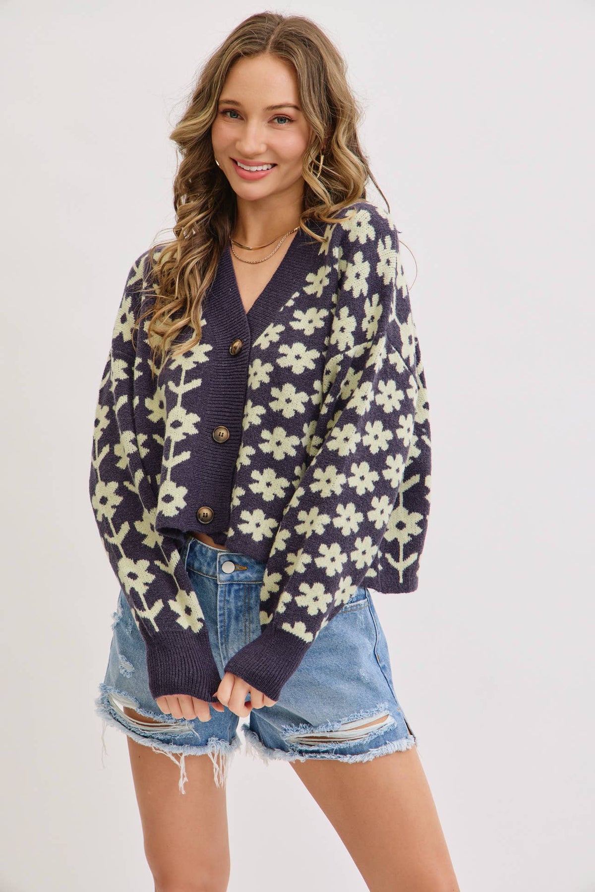 The Soleil Bold Floral Cardigan: Navy – Cropped V-Neck Boxy Sweater